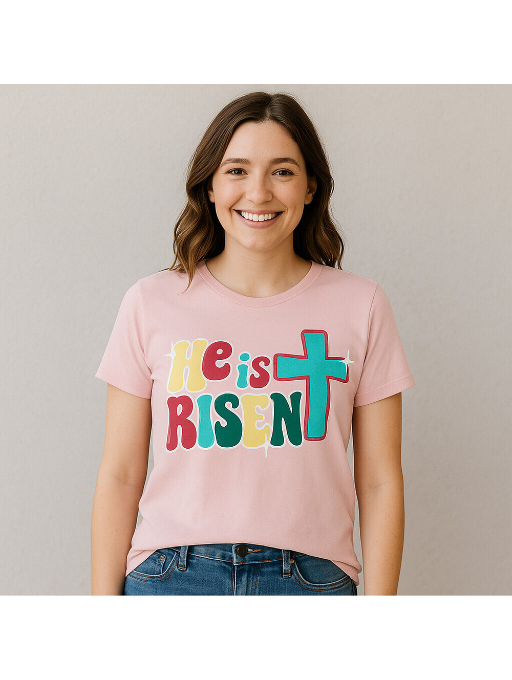Adiva Women's Shirt Top "He is Risen" Peach Easter Jesus Christian Cross Size XL